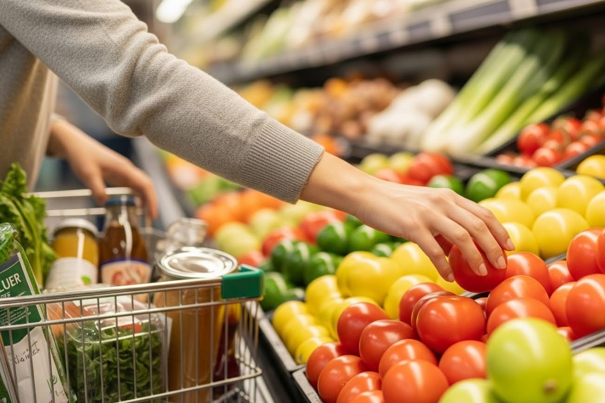 Client choisissant des tomates fraîches dans le rayon fruits et légumes d’un supermarché