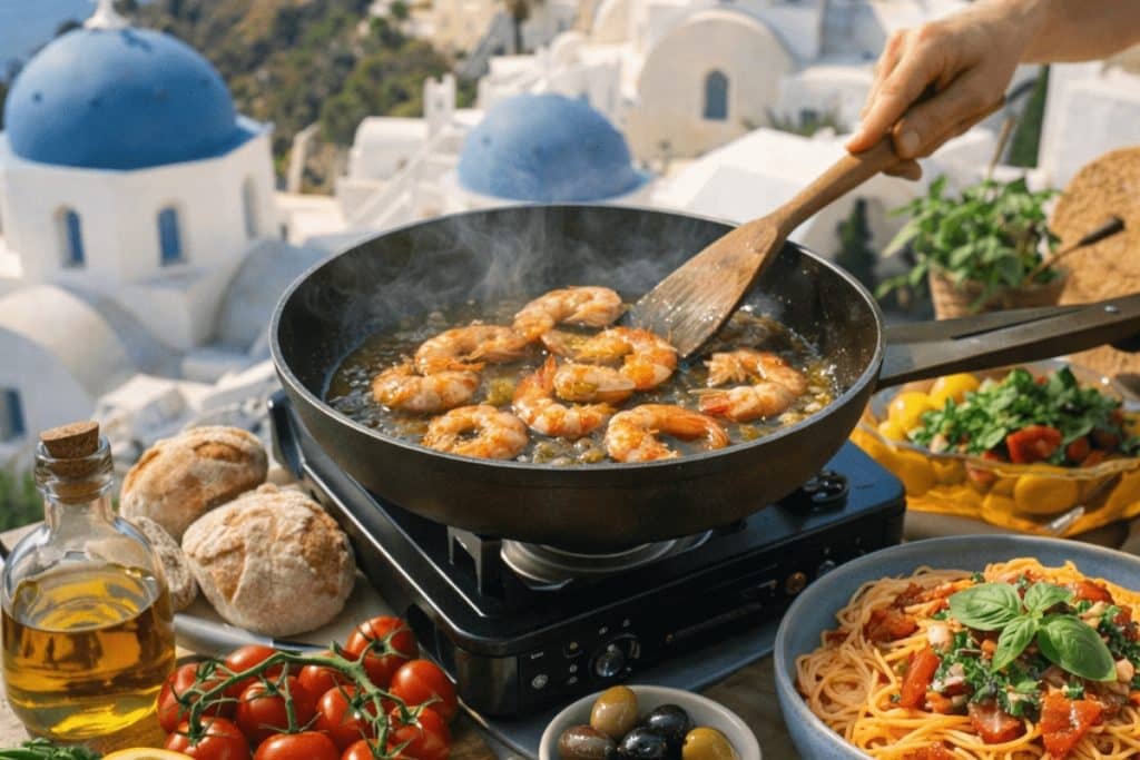 Cuisine méditerranéenne avec crevettes sautées et ingrédients frais face au paysage de Santorin