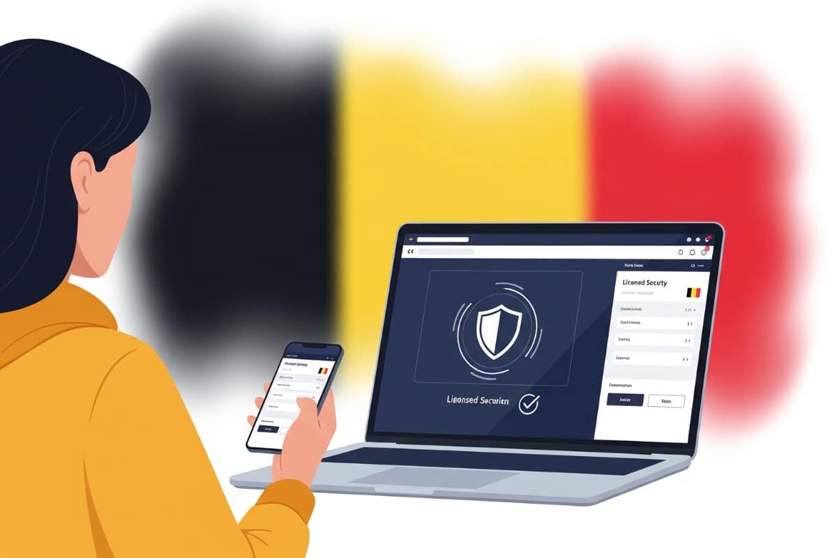 Illustration réaliste d’un parieur belge utilisant une plateforme agréée et sécurisée de paris sportifs