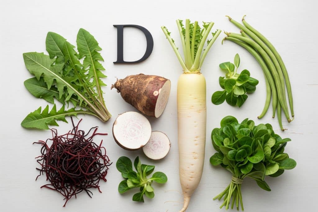 Légumes lettre D taro daïkon pissenlit