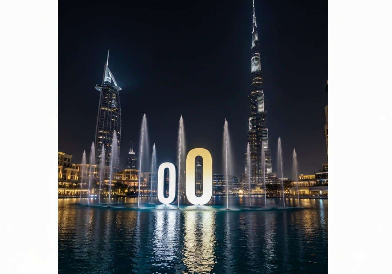 Fontaines de Dubaï illuminées la nuit devant Burj Khalifa
