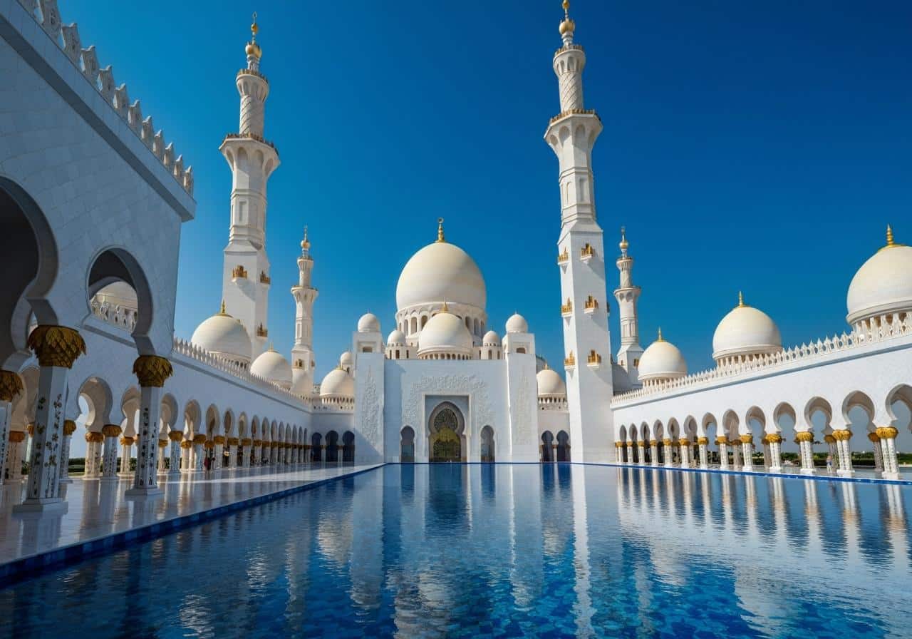 Grande Mosquée Sheikh Zayed façade extérieure coupoles blanches