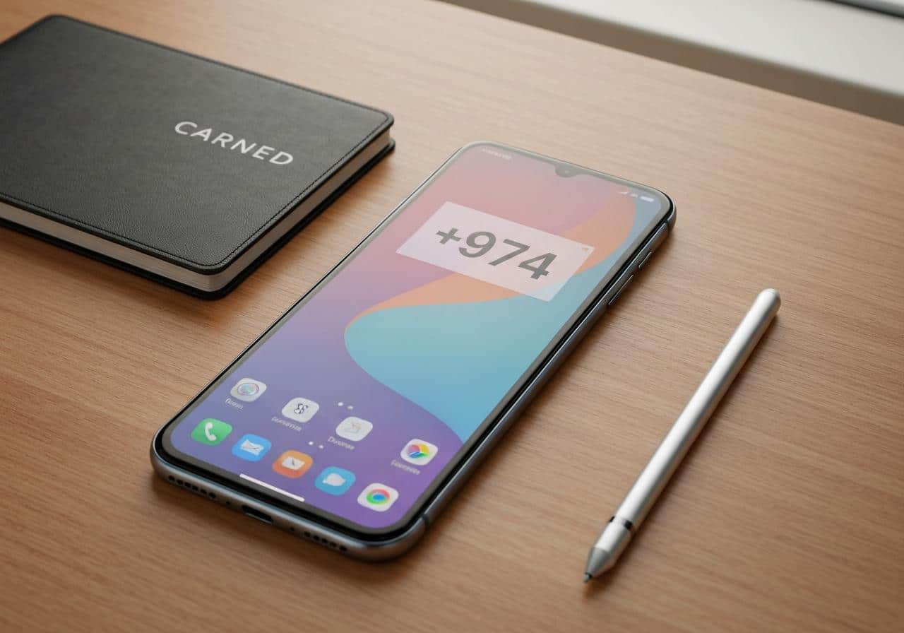 Smartphone posé sur bureau avec indicatif international affiché