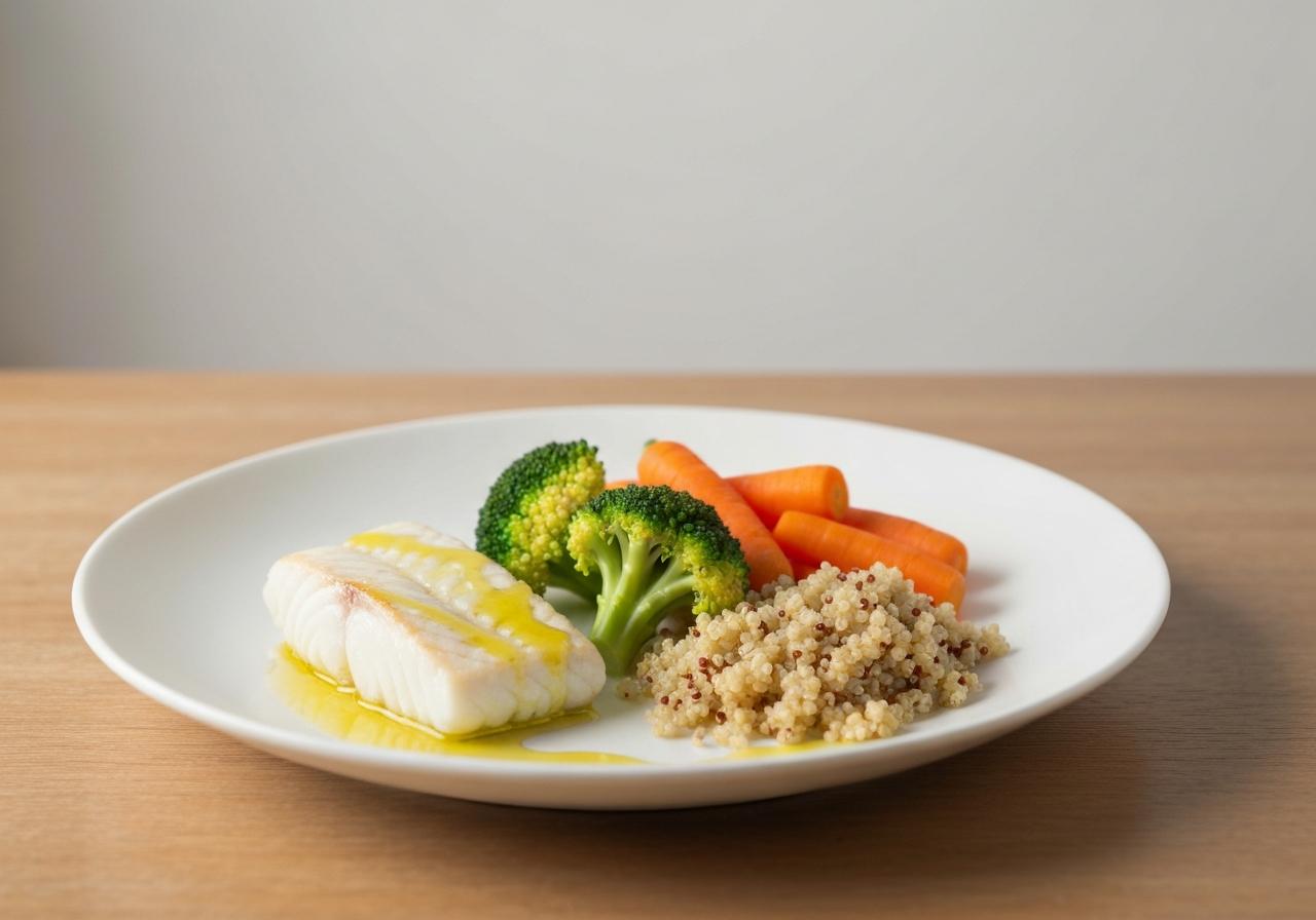 Assiette équilibrée de légumes et poisson blanc