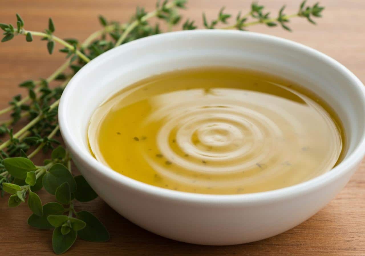 Bol de vinaigrette dorée avec herbes fraîches
