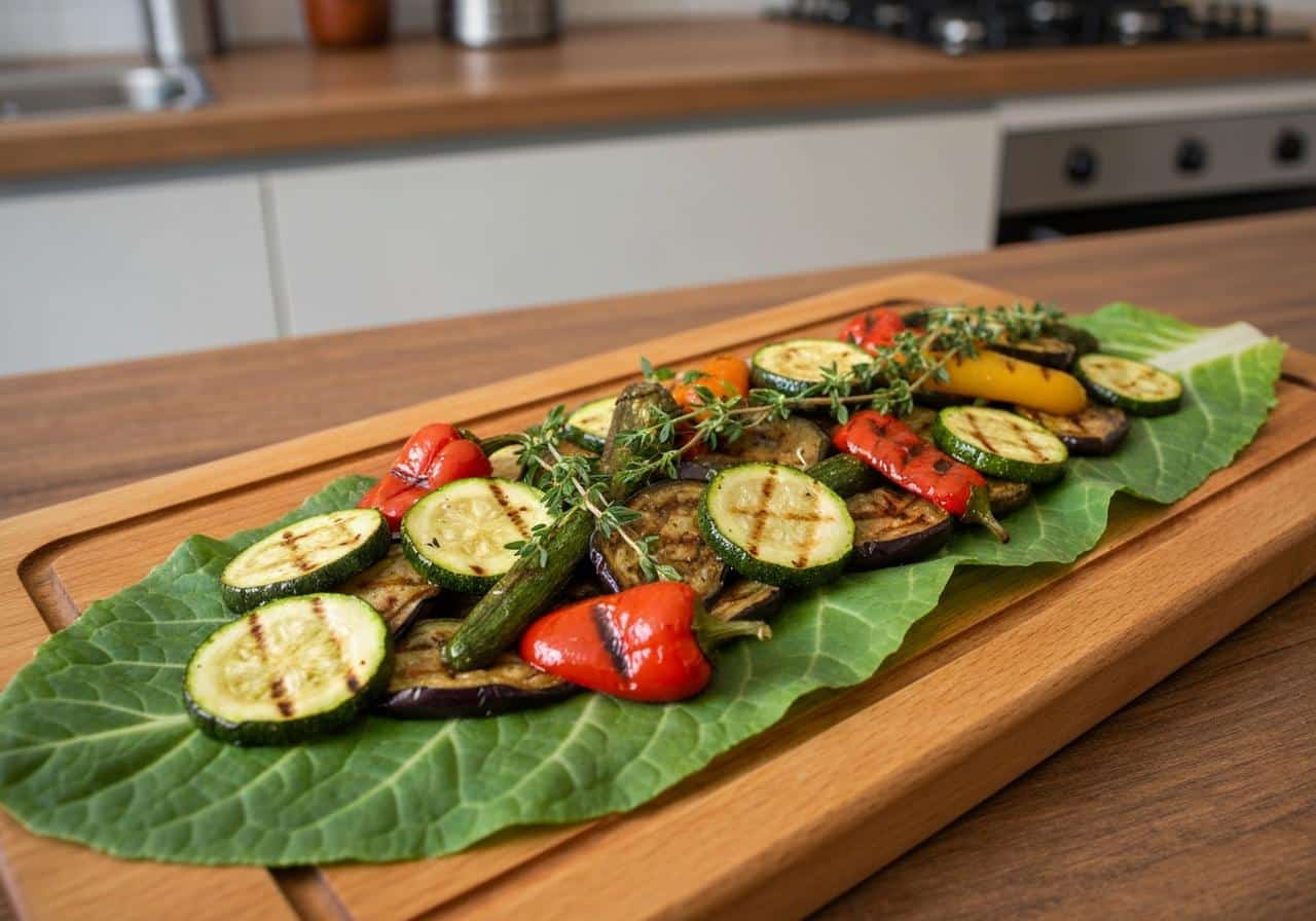 Légumes grillés colorés sur planche en bois
