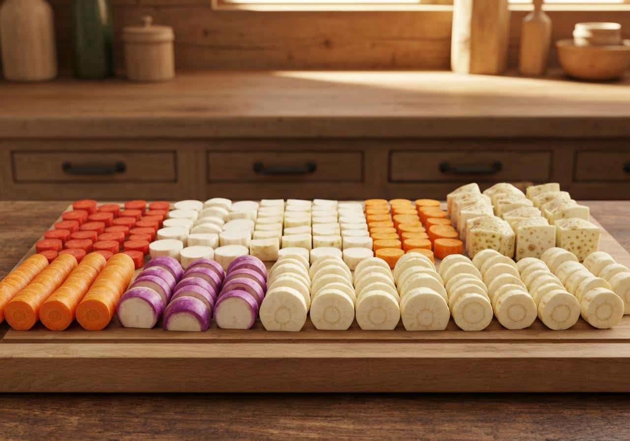 Légumes racines coupés prêts pour mijoter avec palette