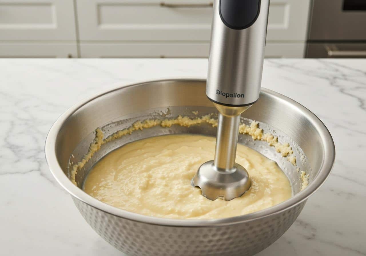 Mixeur plongeant dans bol de crème anglaise grumeleuse