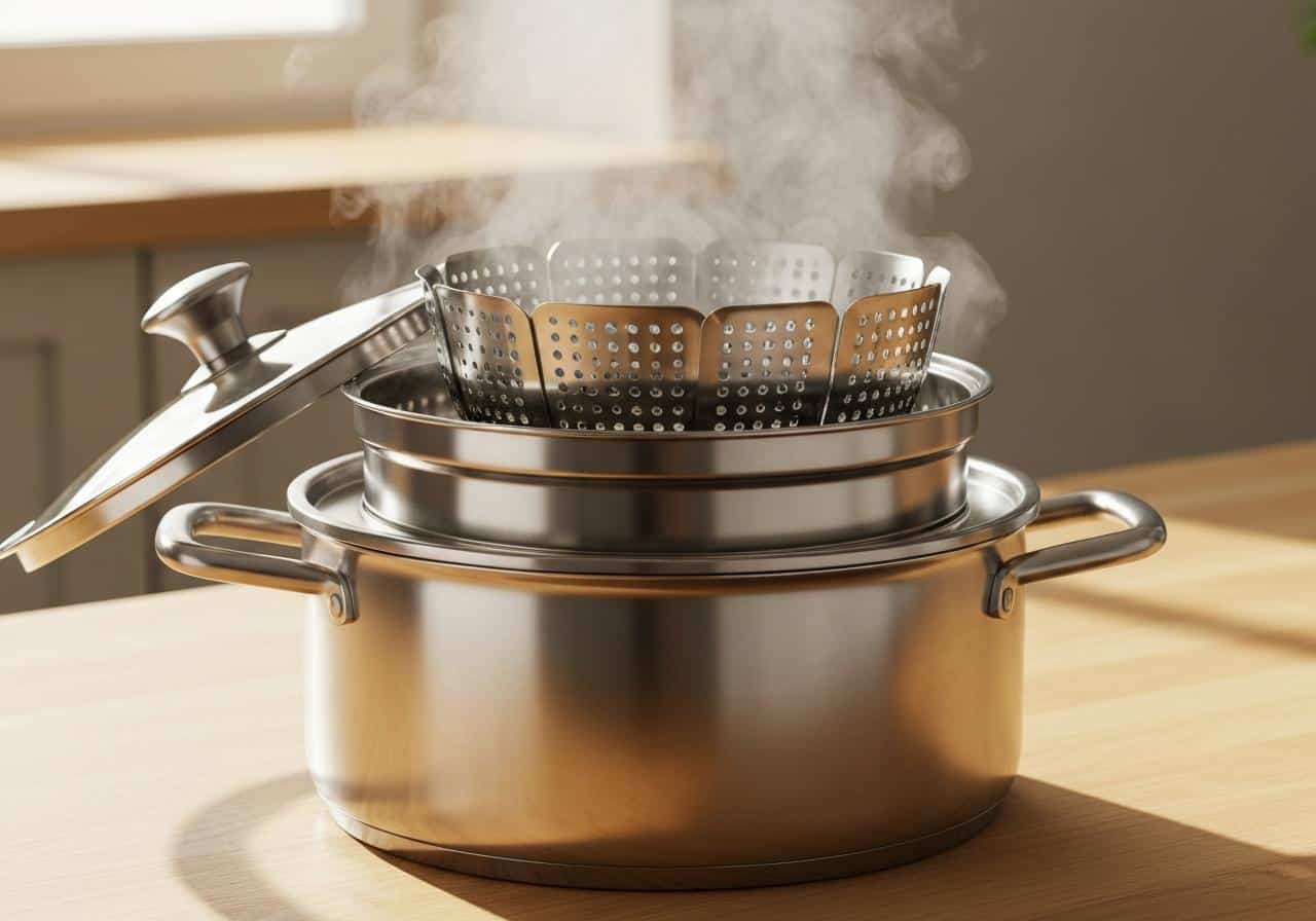 Panier vapeur en inox sur casserole avec tourteau