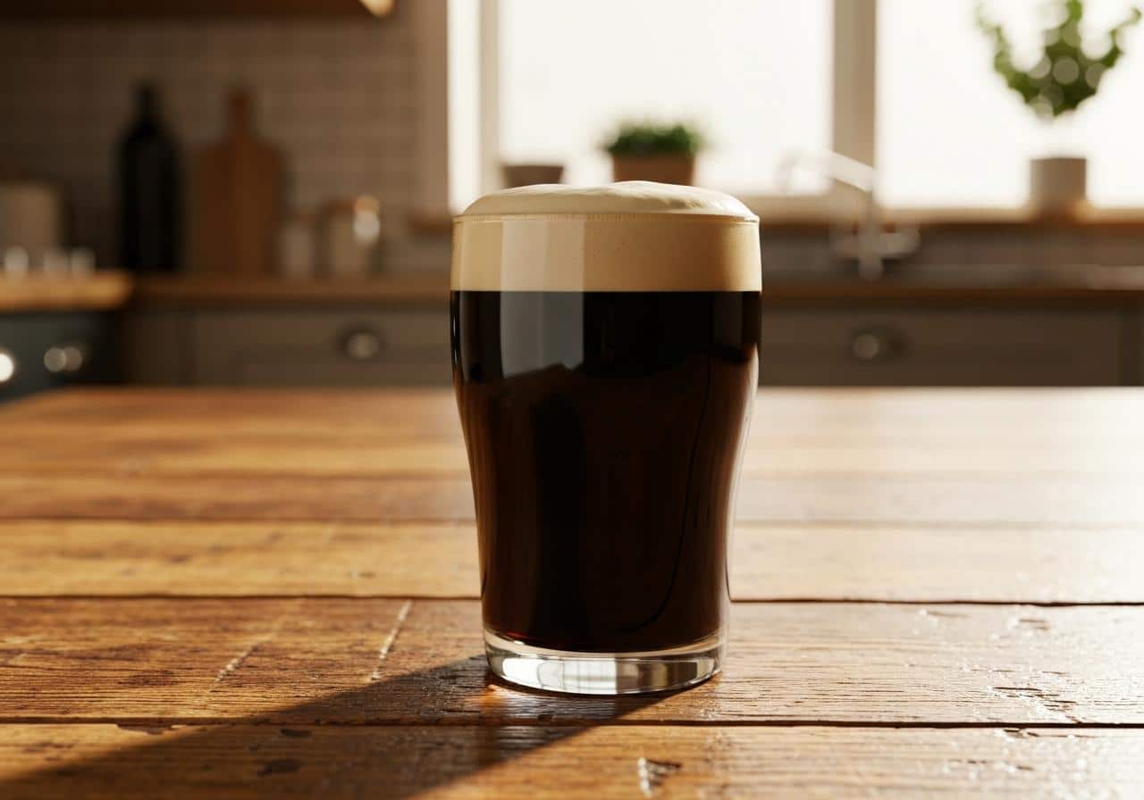 Verre de stout sombre mousse crémeuse sur table bois