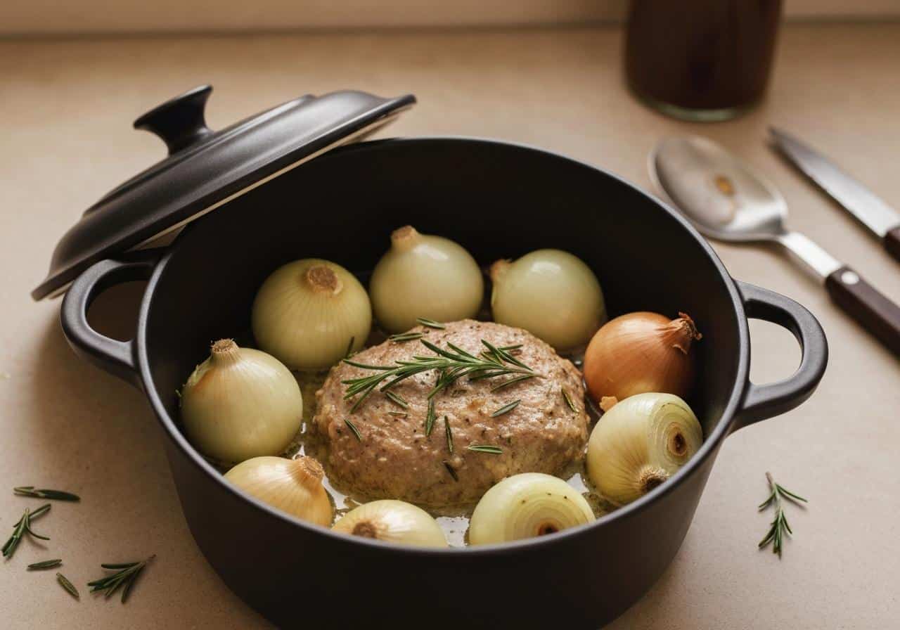 Palette de porc dorée dans cocotte en fonte avec oignons et romarin