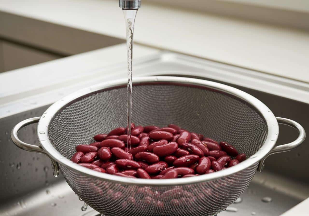 Passoire avec haricots rouges rincés sous eau froide