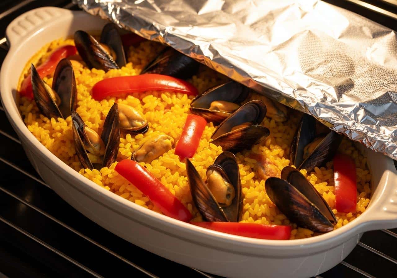 Plat de paella couvert d'aluminium prêt pour le four