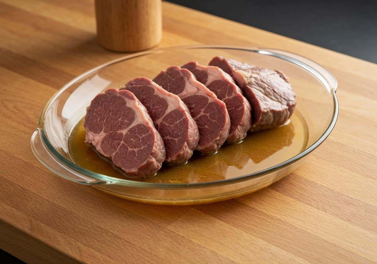 Tranches de viande dans un plat creux micro-ondes arrosées de bouillon