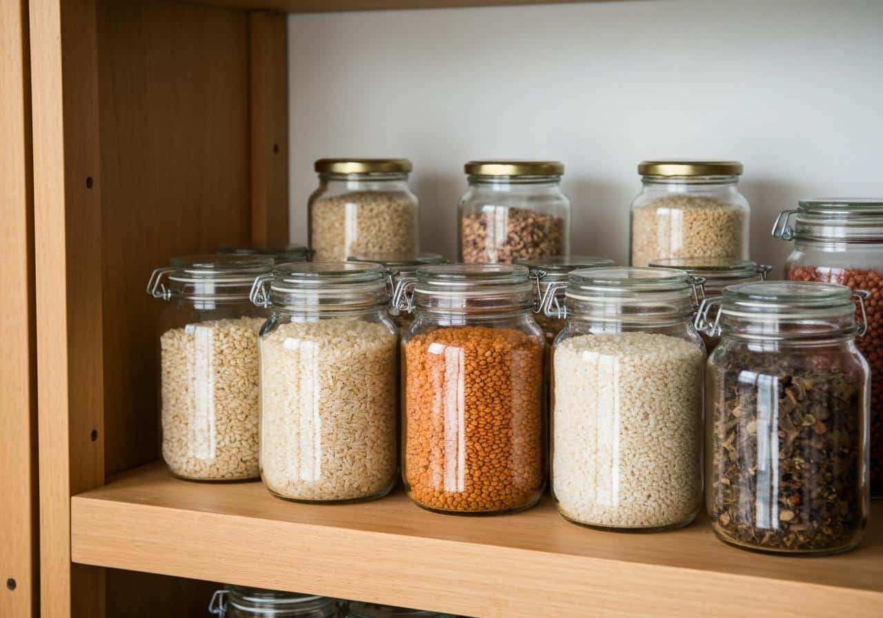 Bocaux en verre hermétiques remplis d'aliments secs alignés sur étagère