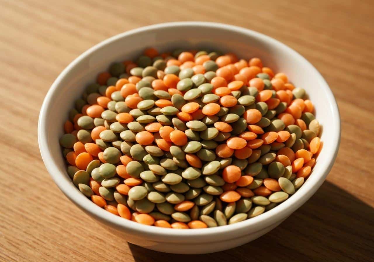 Bol de lentilles sèches vertes et corail en gros plan