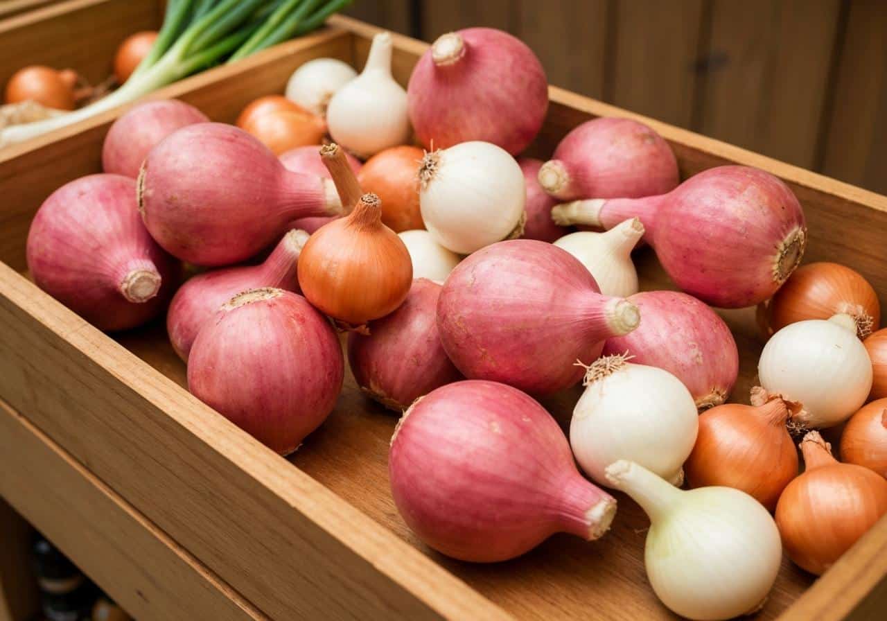 Bulbes d'échalotes en vrac dans une épicerie