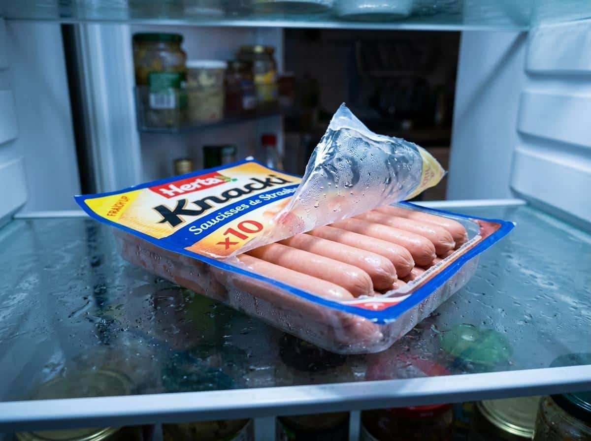 Paquet de saucisses ouvert posé sur tablette de réfrigérateur