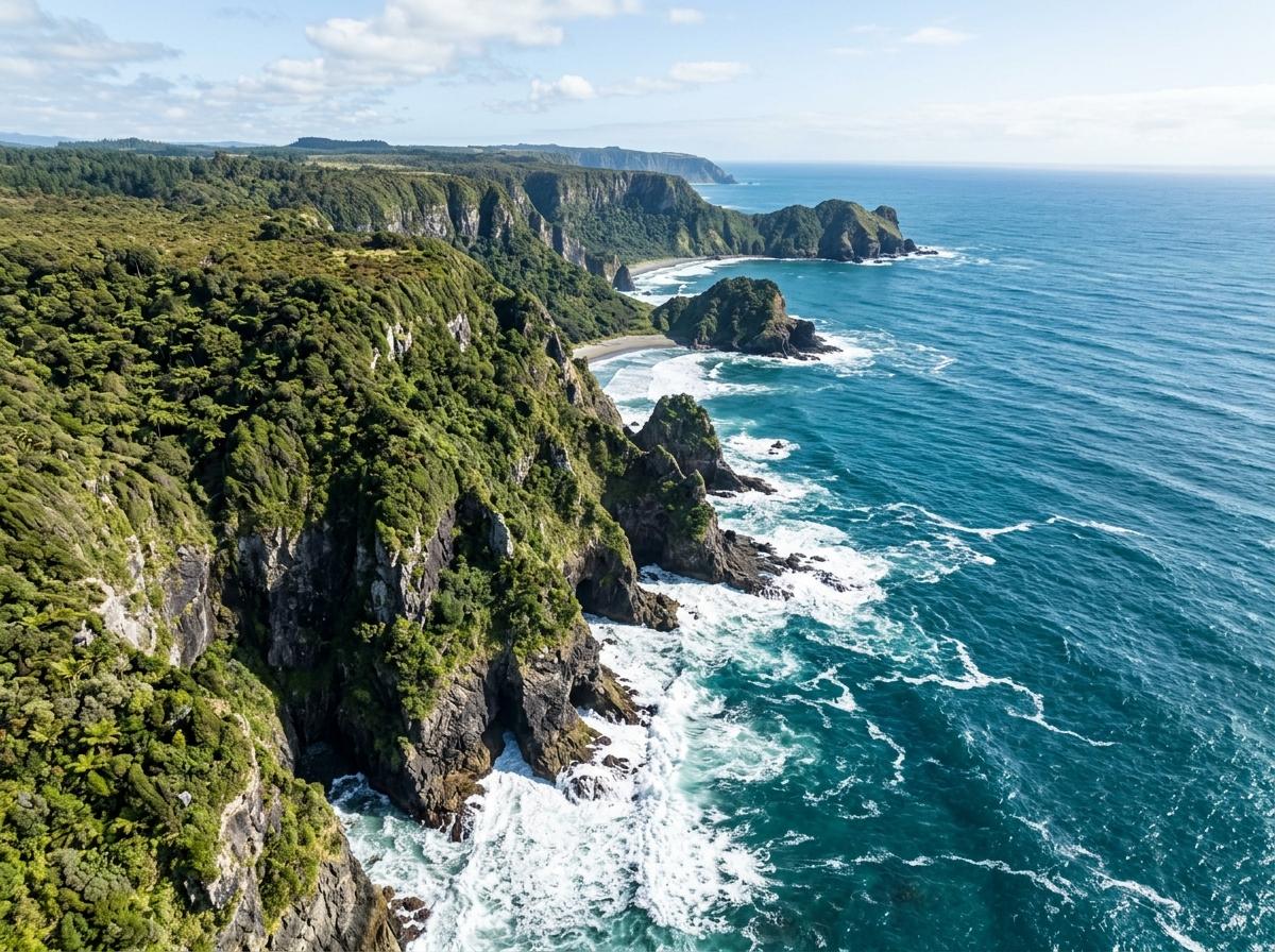 Nouvelle-Zélande vue aérienne côte rocheuse et océan Pacifique