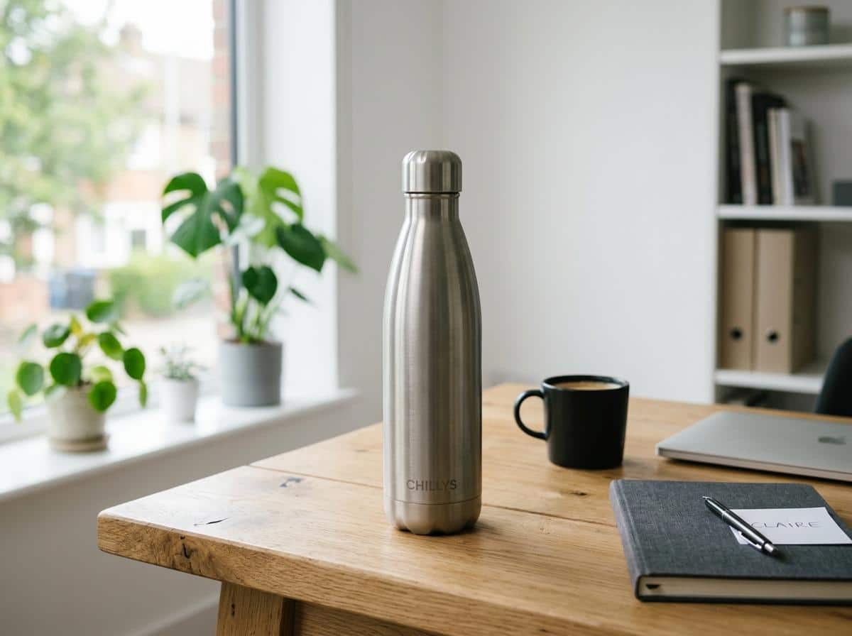 Bouteille isotherme en inox posée sur bureau