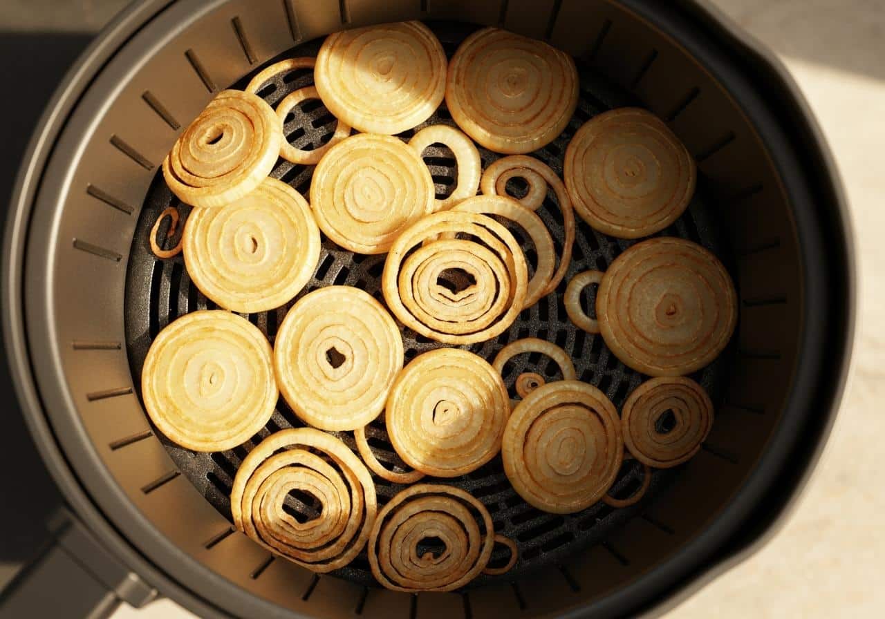 Oignons dorés grillés dans panier airfryer ouvert