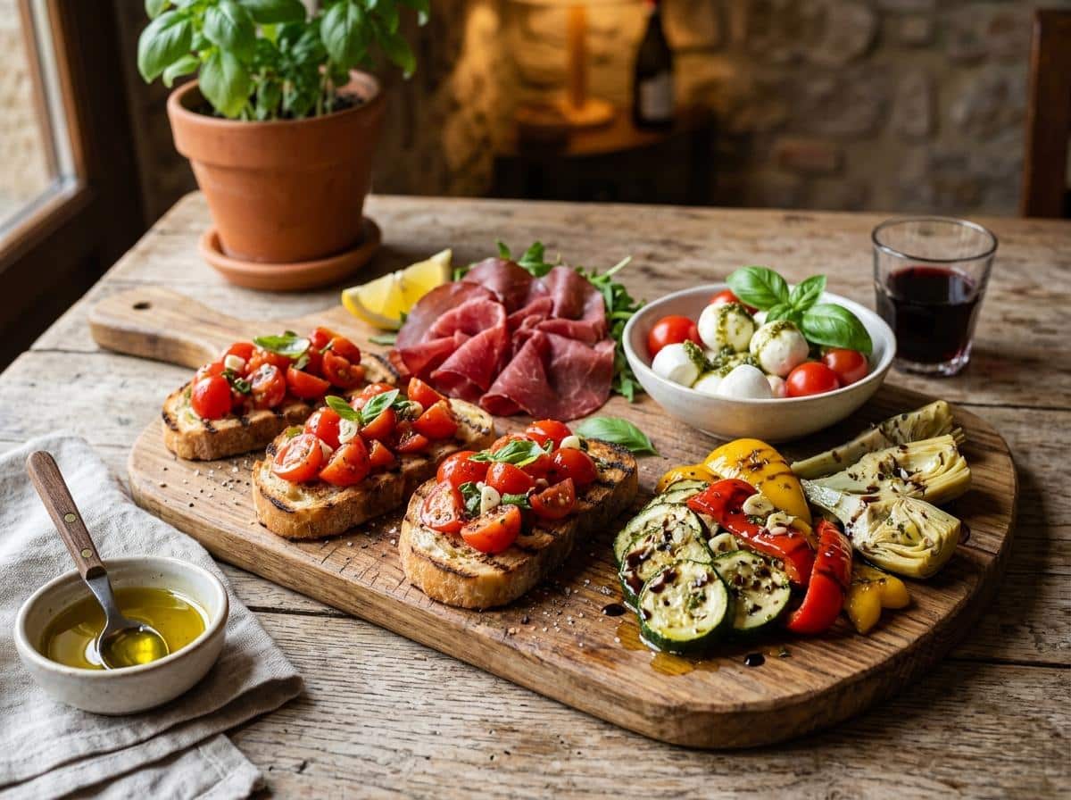 Plateau d'antipasti italiens avec bruschetta et charcuterie