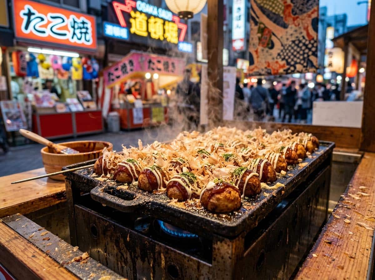 Takoyaki fumants nappés de sauce et de bonite
