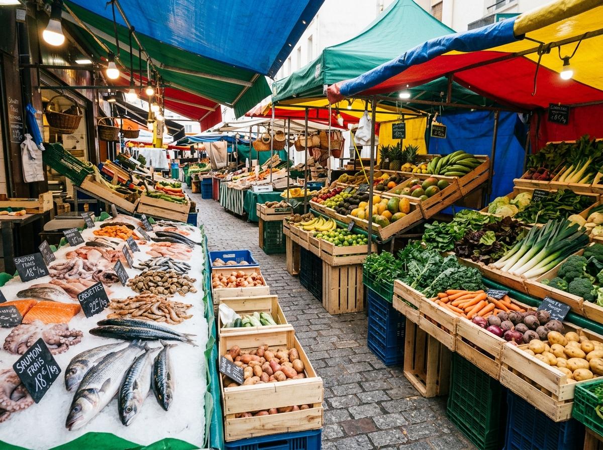 Étals colorés de fruits et légumes sur un marché local