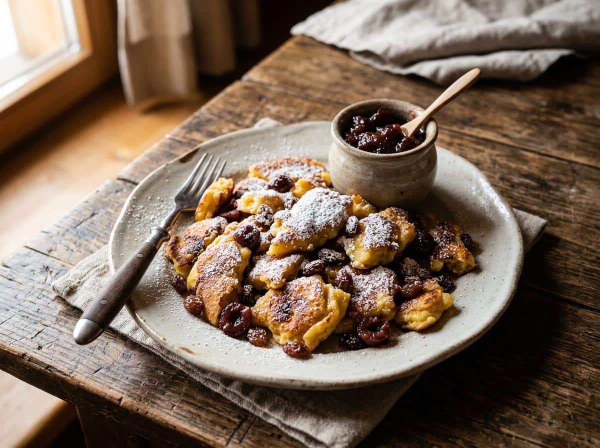 Kaiserschmarrn doré avec sucre glace et compote