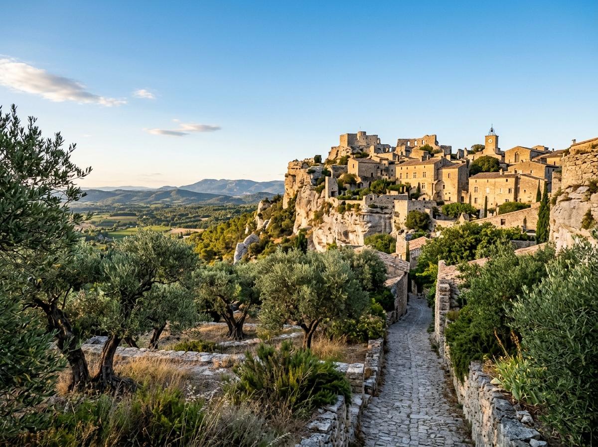 Village des Baux-de-Provence en pierre claire au soleil