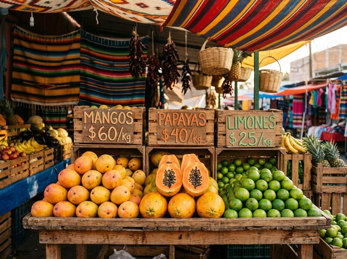 Étal de mangues et fruits frais sur un marché mexicain