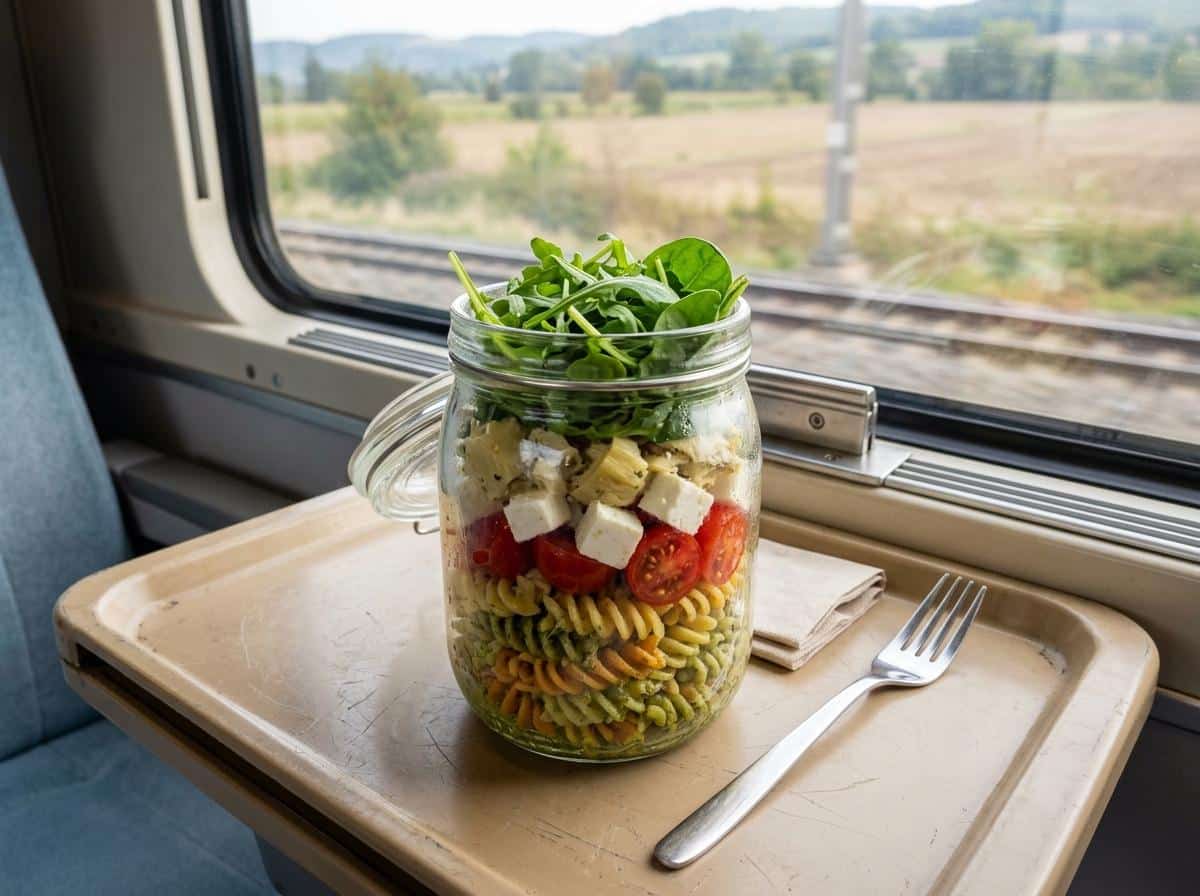 Salade de pâtes au pesto superposée dans un bocal