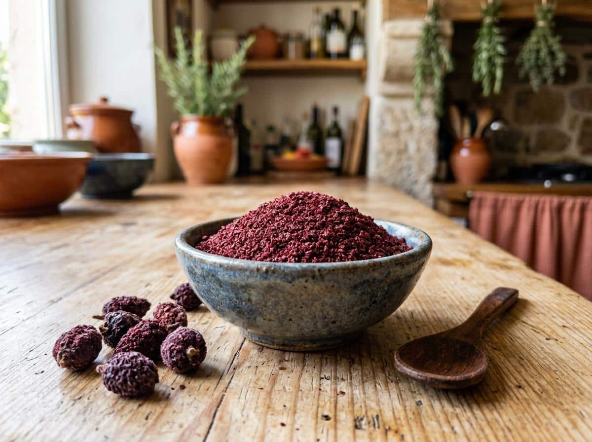 Poudre de sumac rouge sombre dans un bol