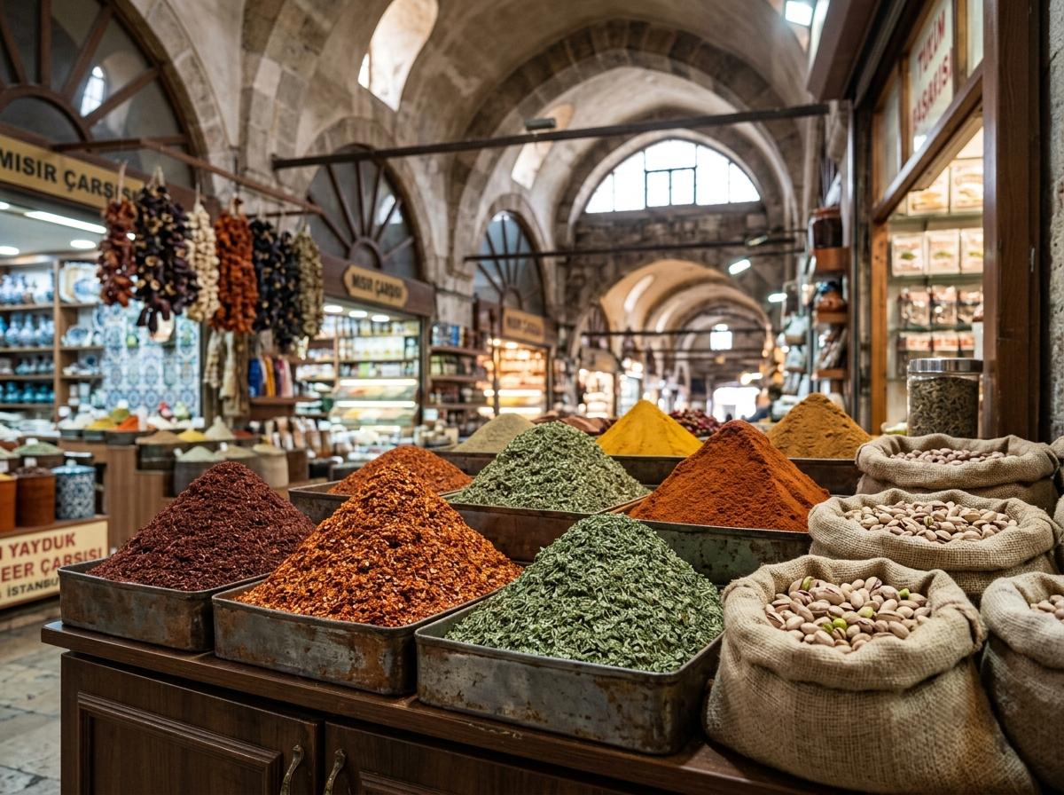 Pyramides d'épices colorées au Bazar égyptien d'Istanbul