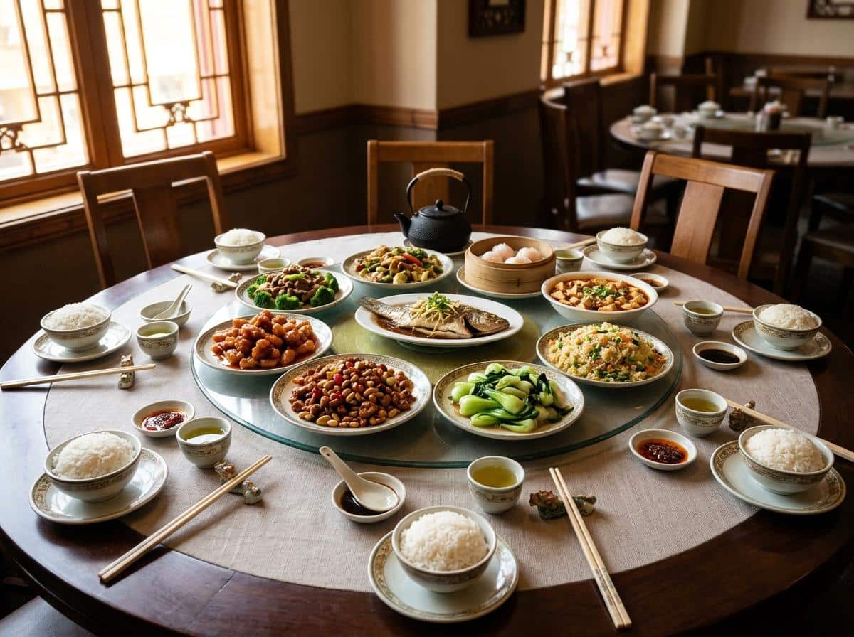 Plateau tournant chargé de plats sur table chinoise
