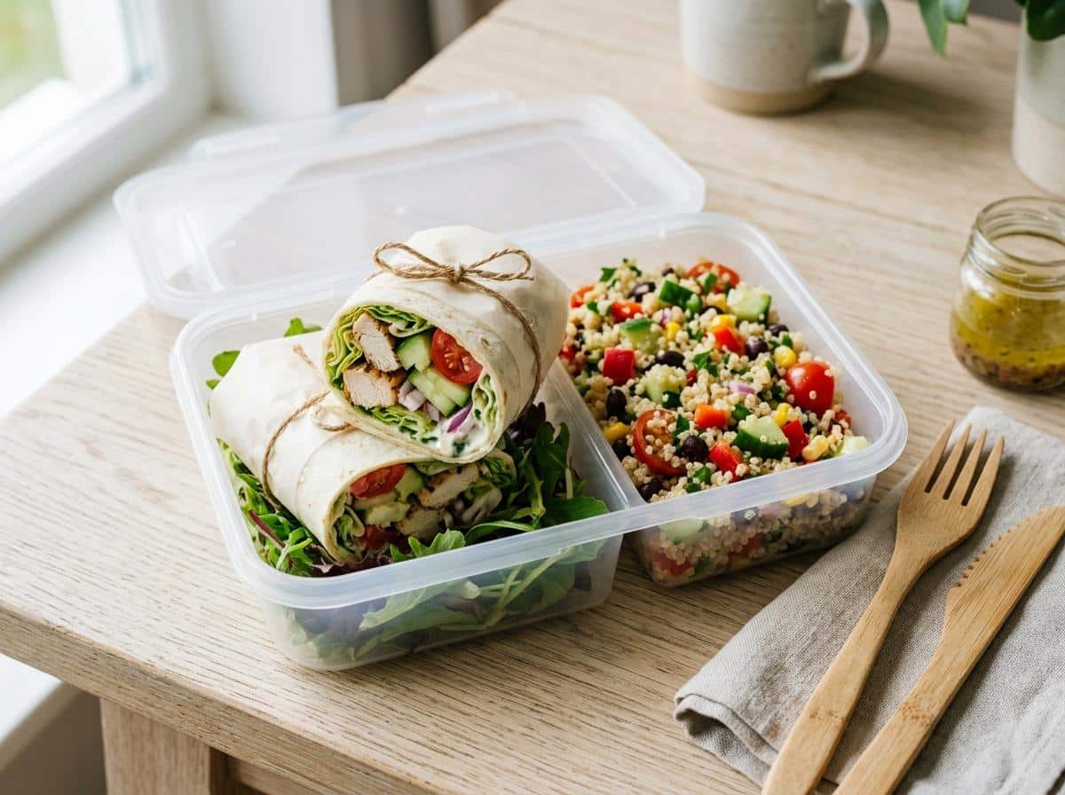 Wrap et salade de quinoa dans une boîte repas